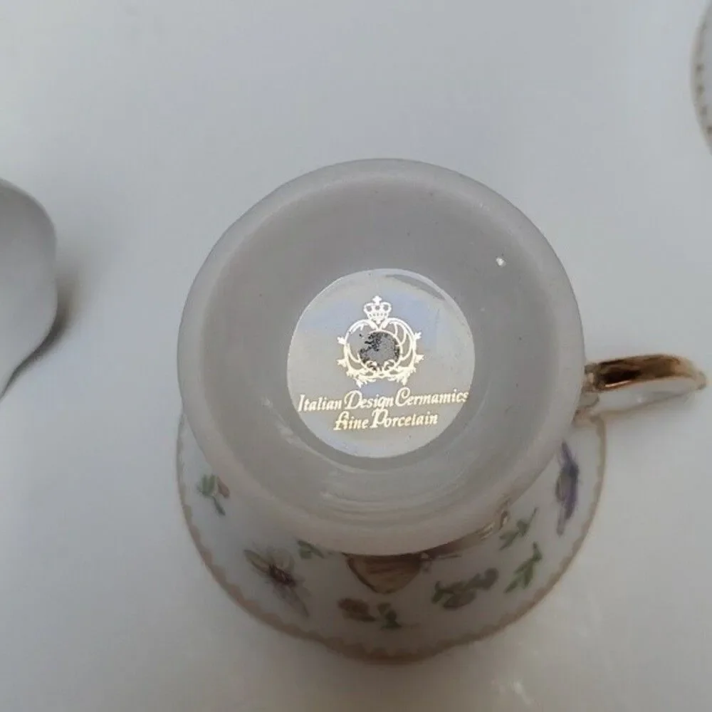 Porcelain Demitasse Teacups Saucers Butterflies (6) ITALIAN DESIGN CERAMICS vtg